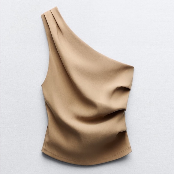 Zara NWT tan one shoulder top with asymmetrical hem & ruched side pleats - Picture 2 of 8